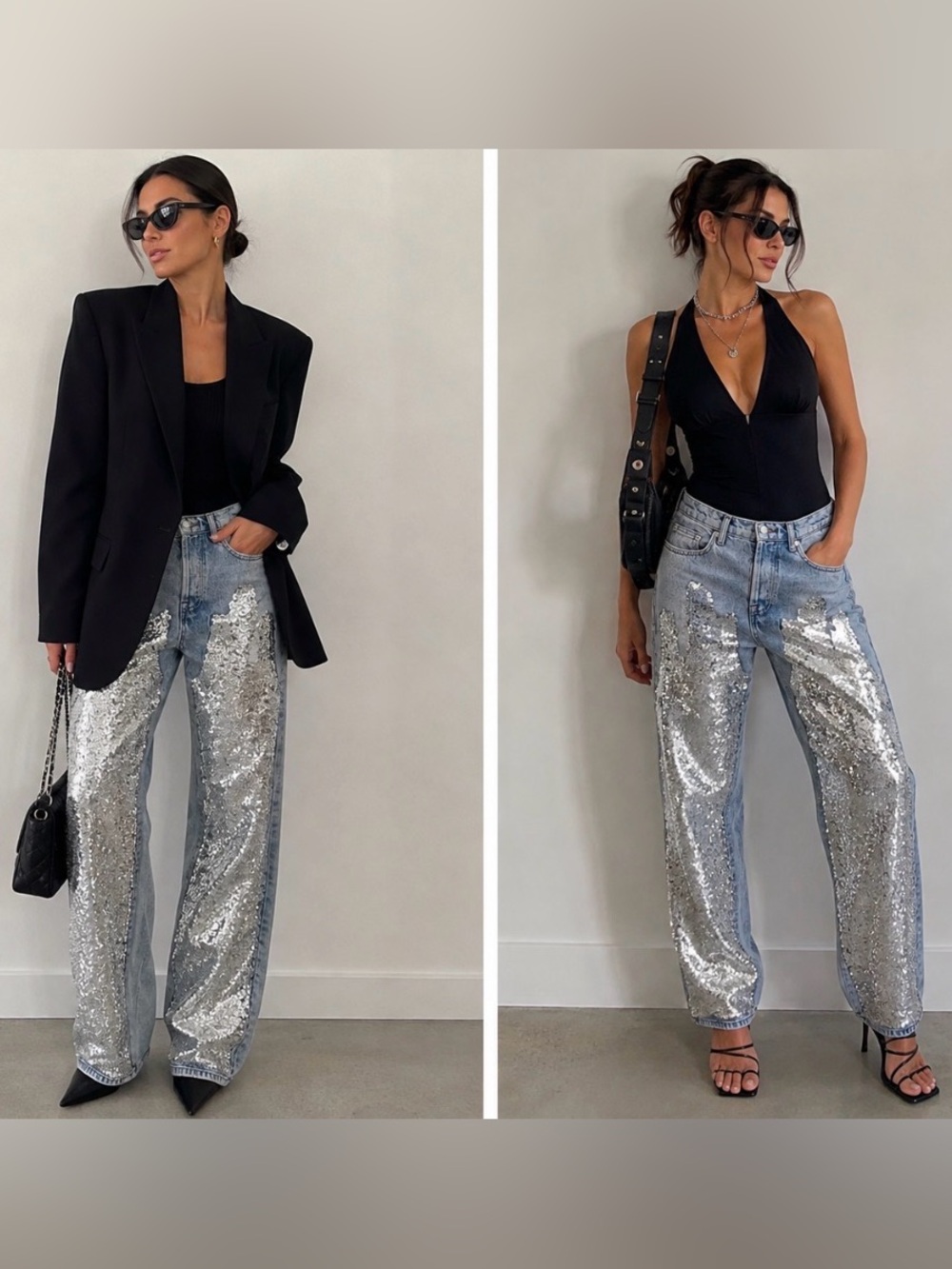 Zara Light Blue Straight Leg Jeans with Silver Sequin Panels